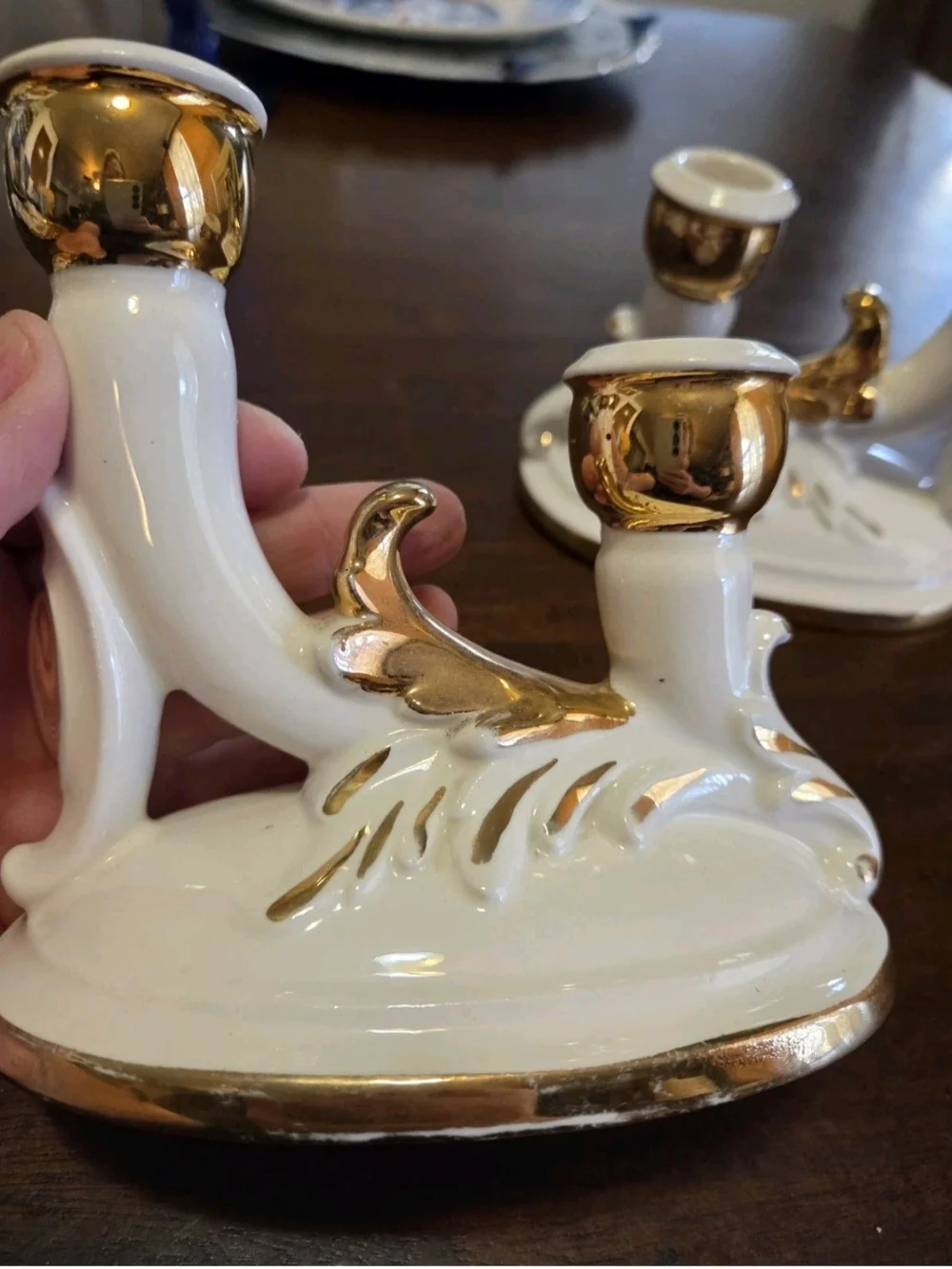 White and Gold Ceramic Double Candle Holders - Pair Vintage Victorian